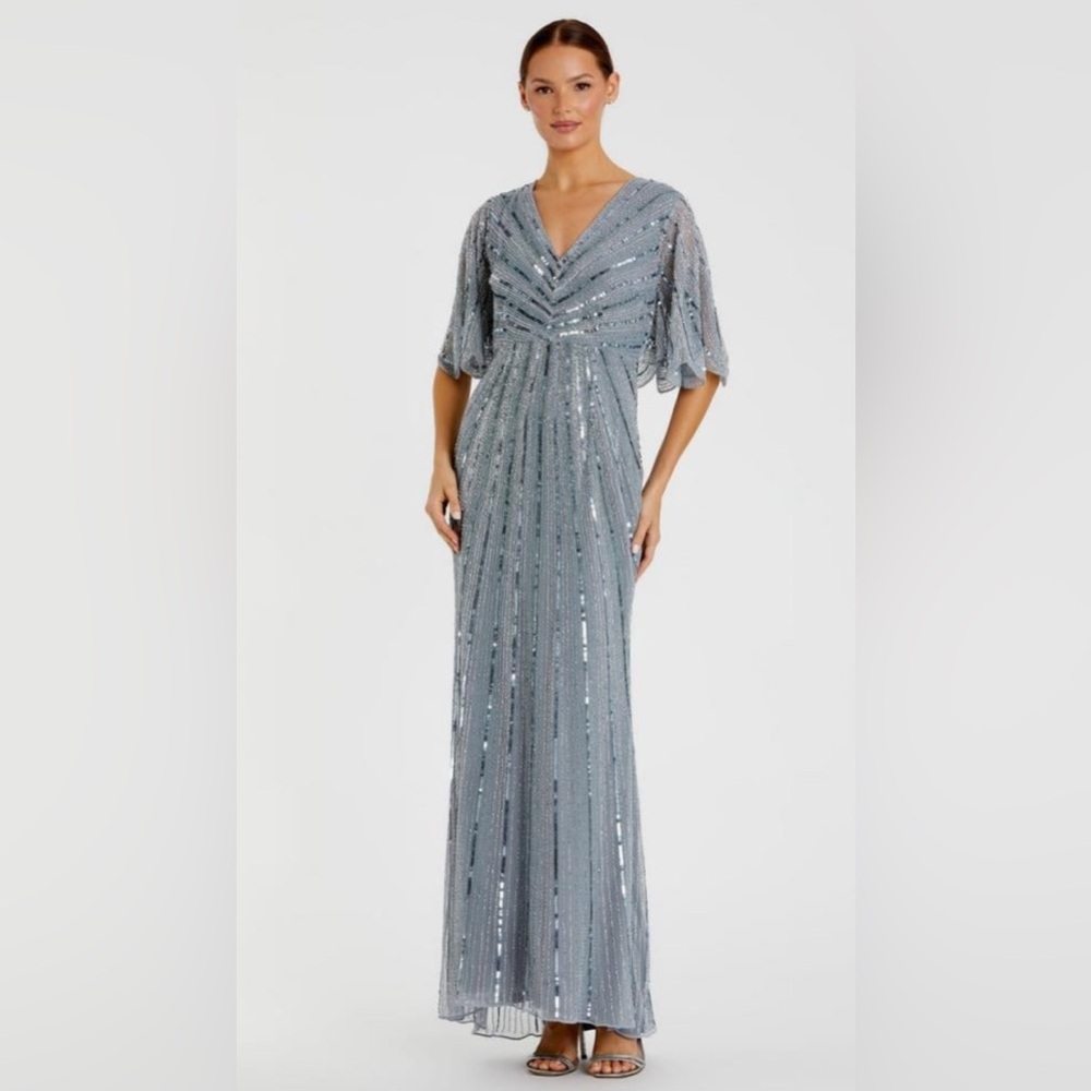 NWT Mac Duggal Blue Sequined V Neck Cape Sleeve Gown sold out size